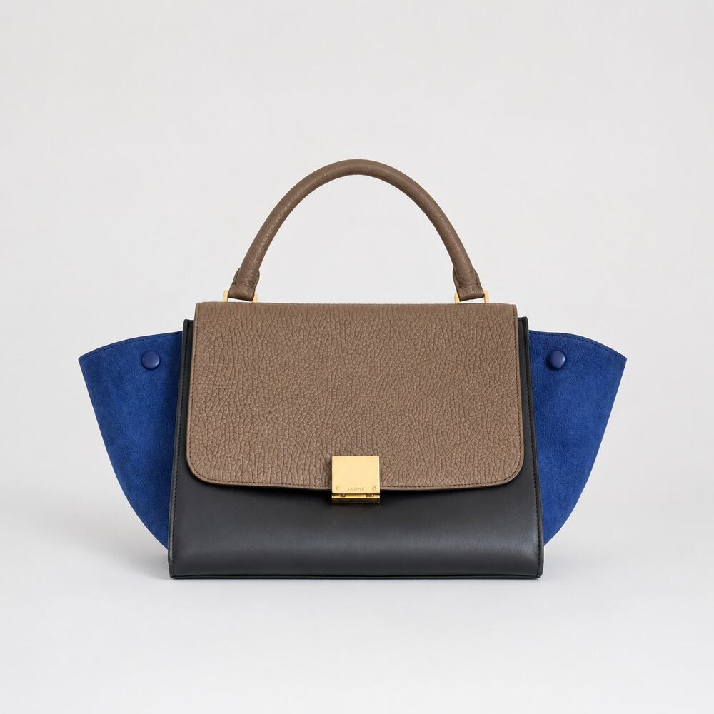 CELINE Blue/Black/Brown Leather Suede Trapeze Medium Handbag Shoulder Bag
